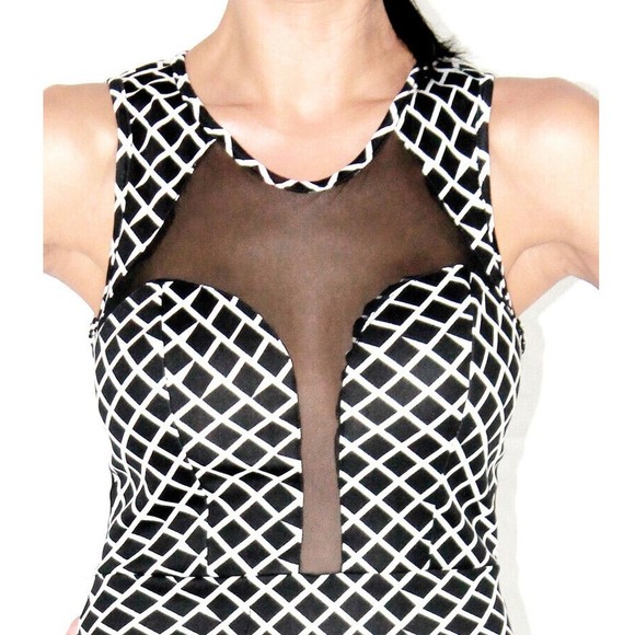 Women's Sheer Dress Size Medium and Large Black and White Mesh Mini Geometric - Picture 8 of 8